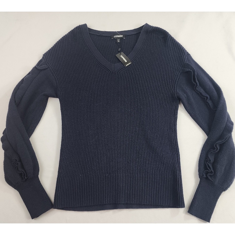 Express Womens XS Navy Blue Ruffle Sleeve V-Neck Ribbed Knit Pullover Sweater